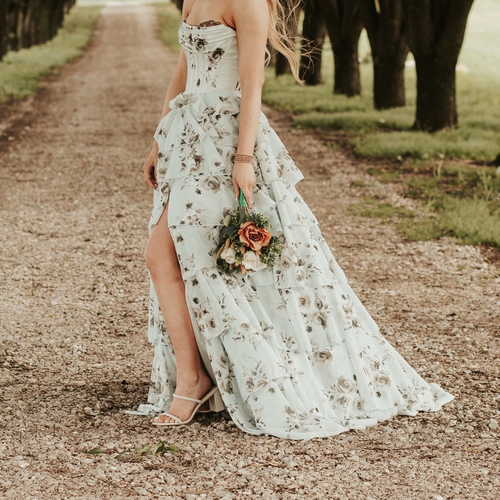 Portia & Scarlett Floral Tiered Strapless Gown